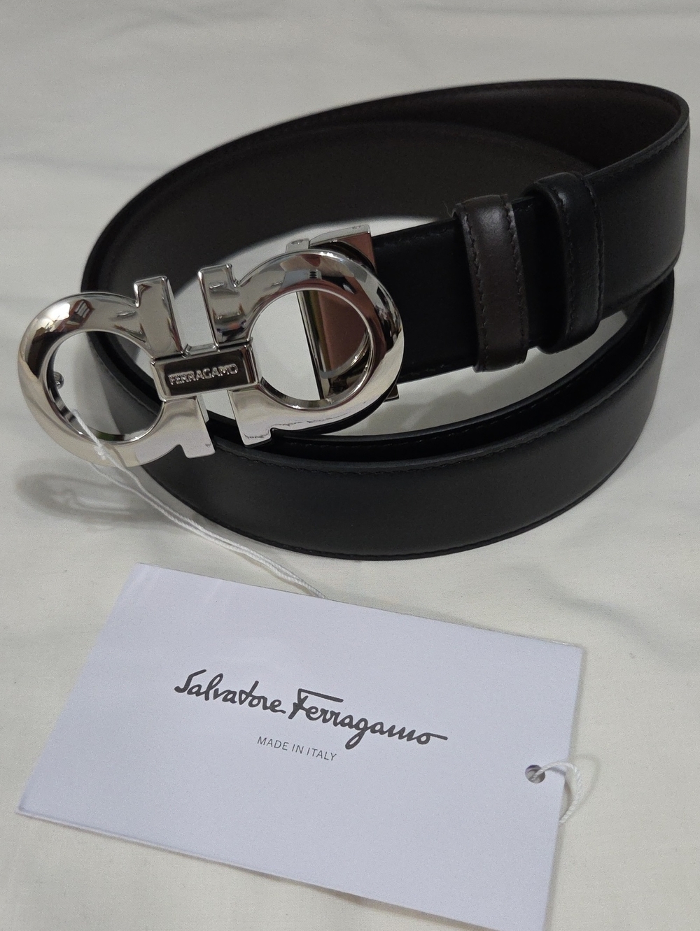 Salvatore Ferragamo Black Brown Leather Belt Silver Double-Gancini Buckle